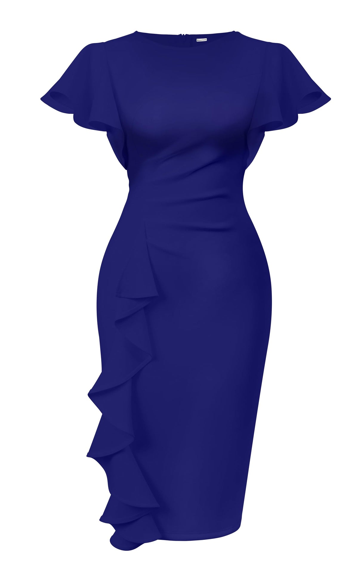 Ruffle Sleeve Ruched Pencil Dress with Cascading Side Ruffle