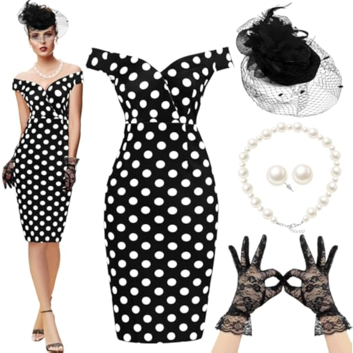 Pin Up Rockabilly Black Polka Dot Wiggle Dress – 1950s Tea Party Set with Hat, Gloves & Pearls Main image