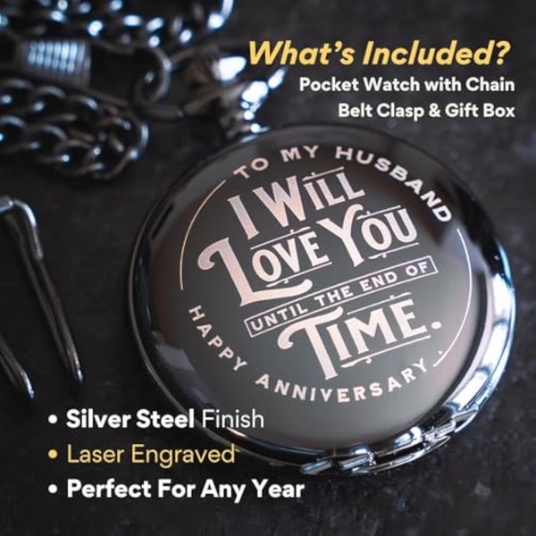 Engraved Silver Stainless Steel Anniversary Pocket Watch
