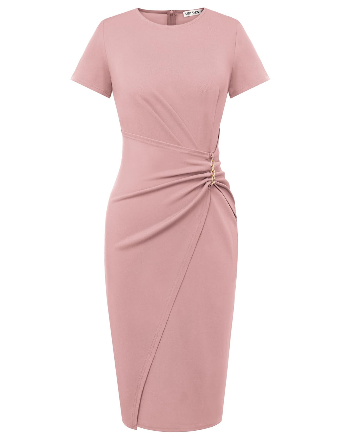 Short Sleeve Ruched Wrap Midi Pencil Dress with Gold Chain Detail