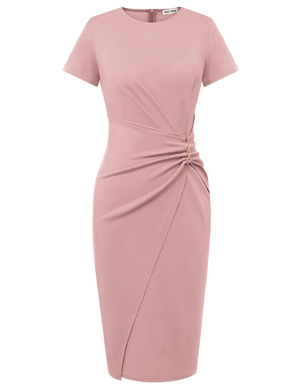 Short Sleeve Ruched Wrap Midi Pencil Dress with Gold Chain Detail