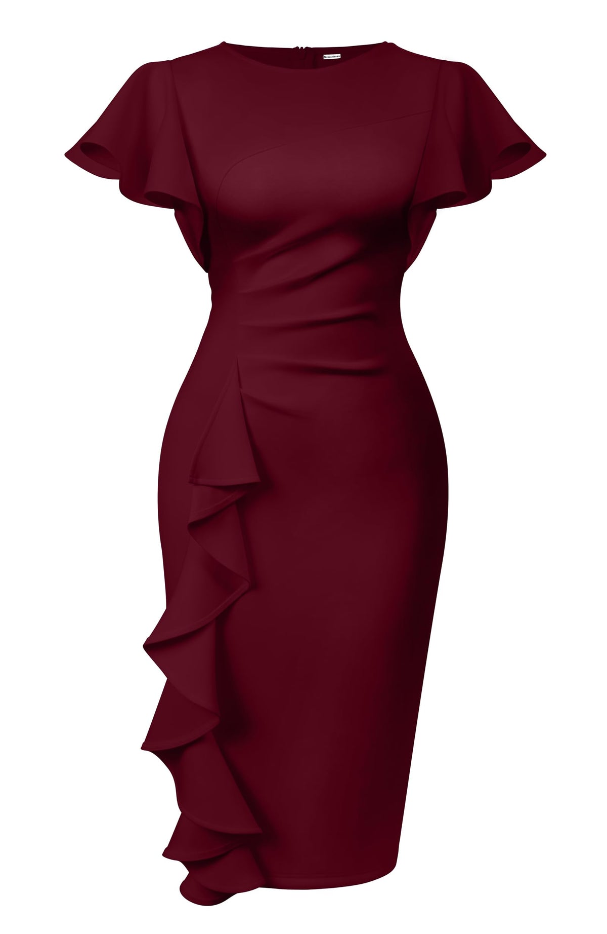 Ruffle Sleeve Ruched Pencil Dress with Cascading Side Ruffle