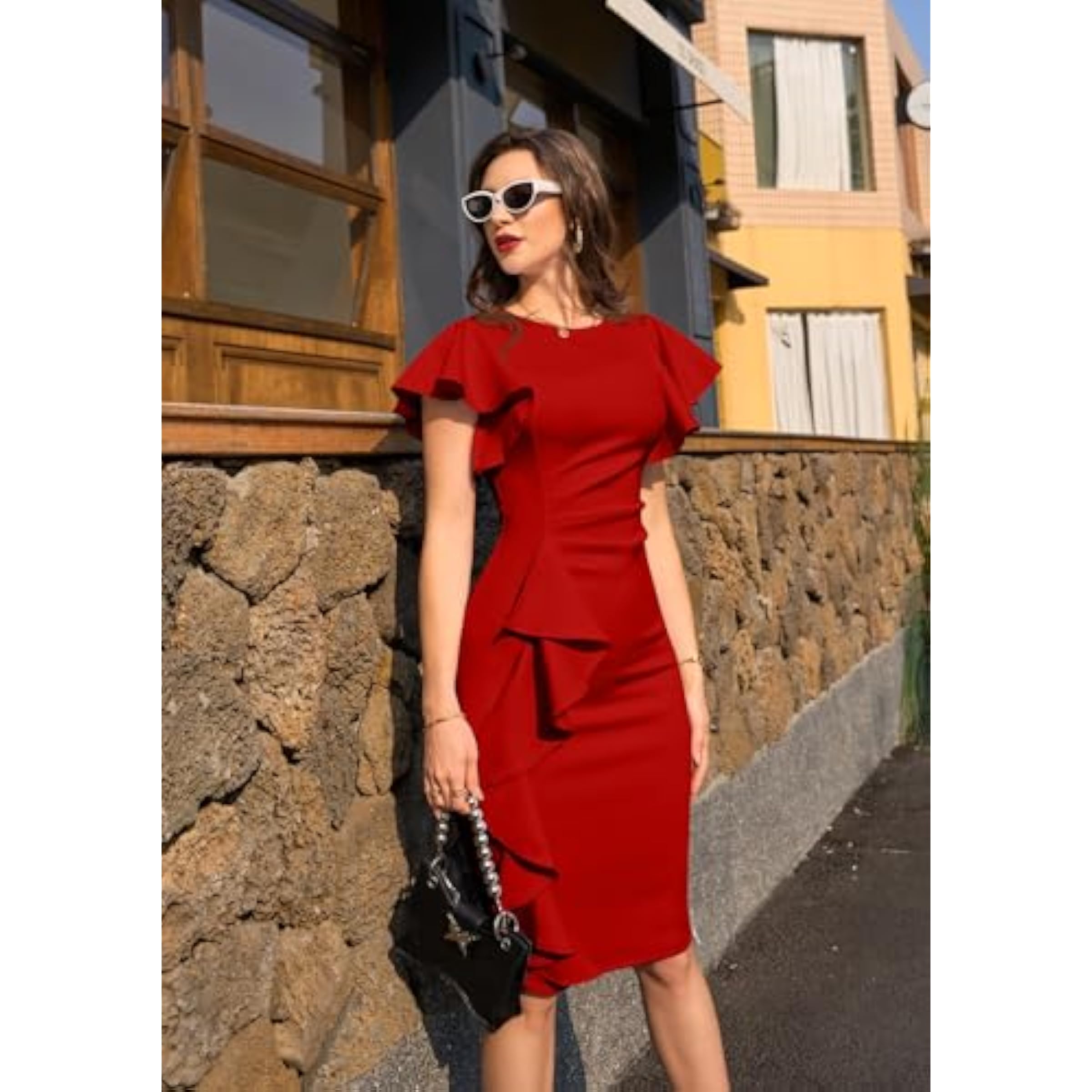 Ruffle Sleeve Ruched Pencil Dress with Cascading Side Ruffle Secondary image