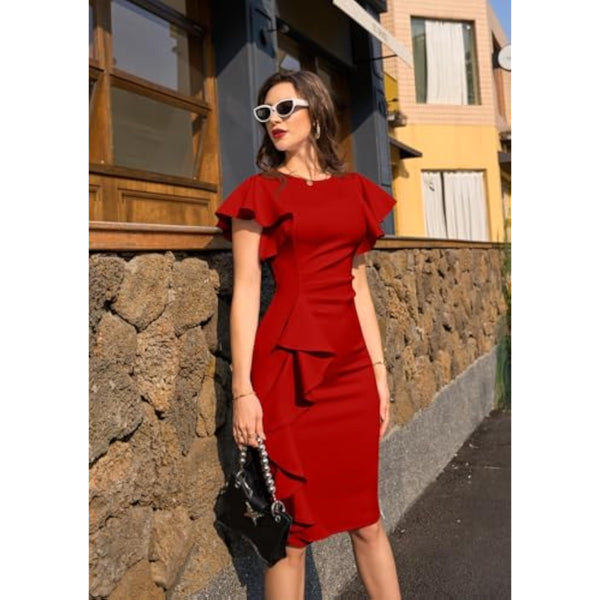 Ruffle Sleeve Ruched Pencil Dress with Cascading Side Ruffle