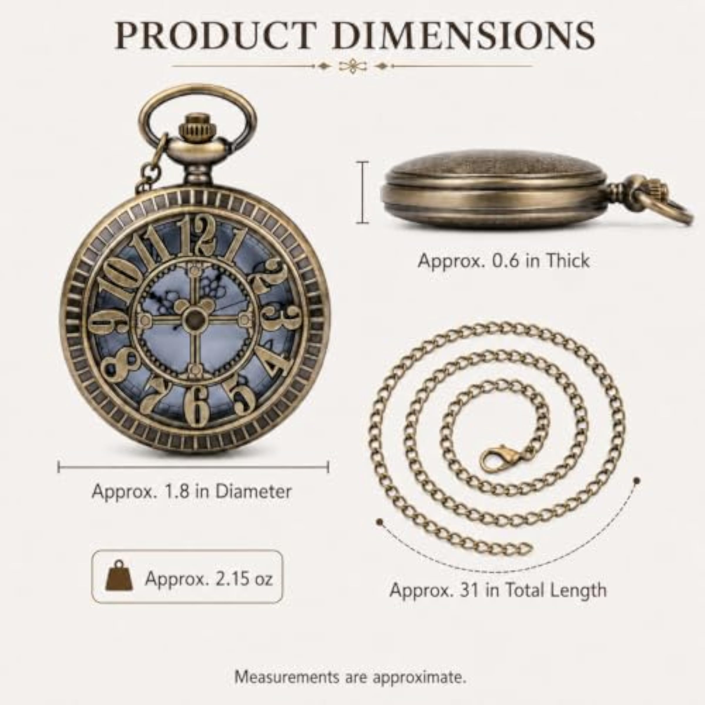 Quartz Pocket Watch with 31-Inch Necklace Chain, Antique Bronze Tone Secondary image