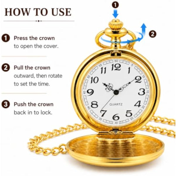 Smooth Vintage Pocket Watch with Chain (Gold)