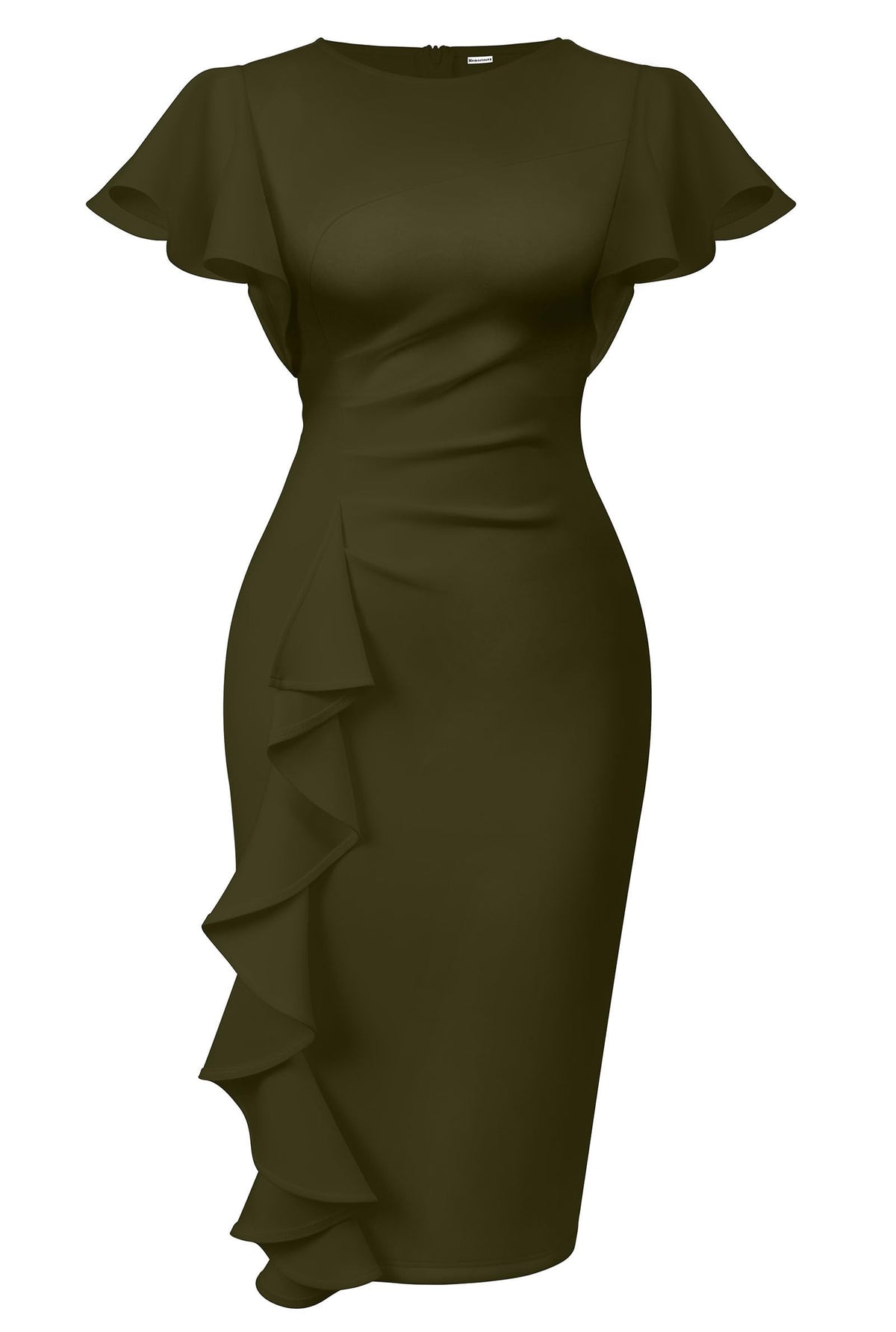Ruffle Sleeve Ruched Pencil Dress with Cascading Side Ruffle
