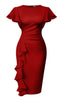 Ruffle Sleeve Ruched Pencil Dress with Cascading Side Ruffle