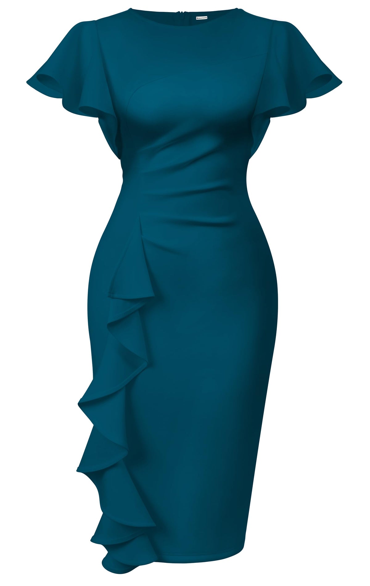 Ruffle Sleeve Ruched Pencil Dress with Cascading Side Ruffle
