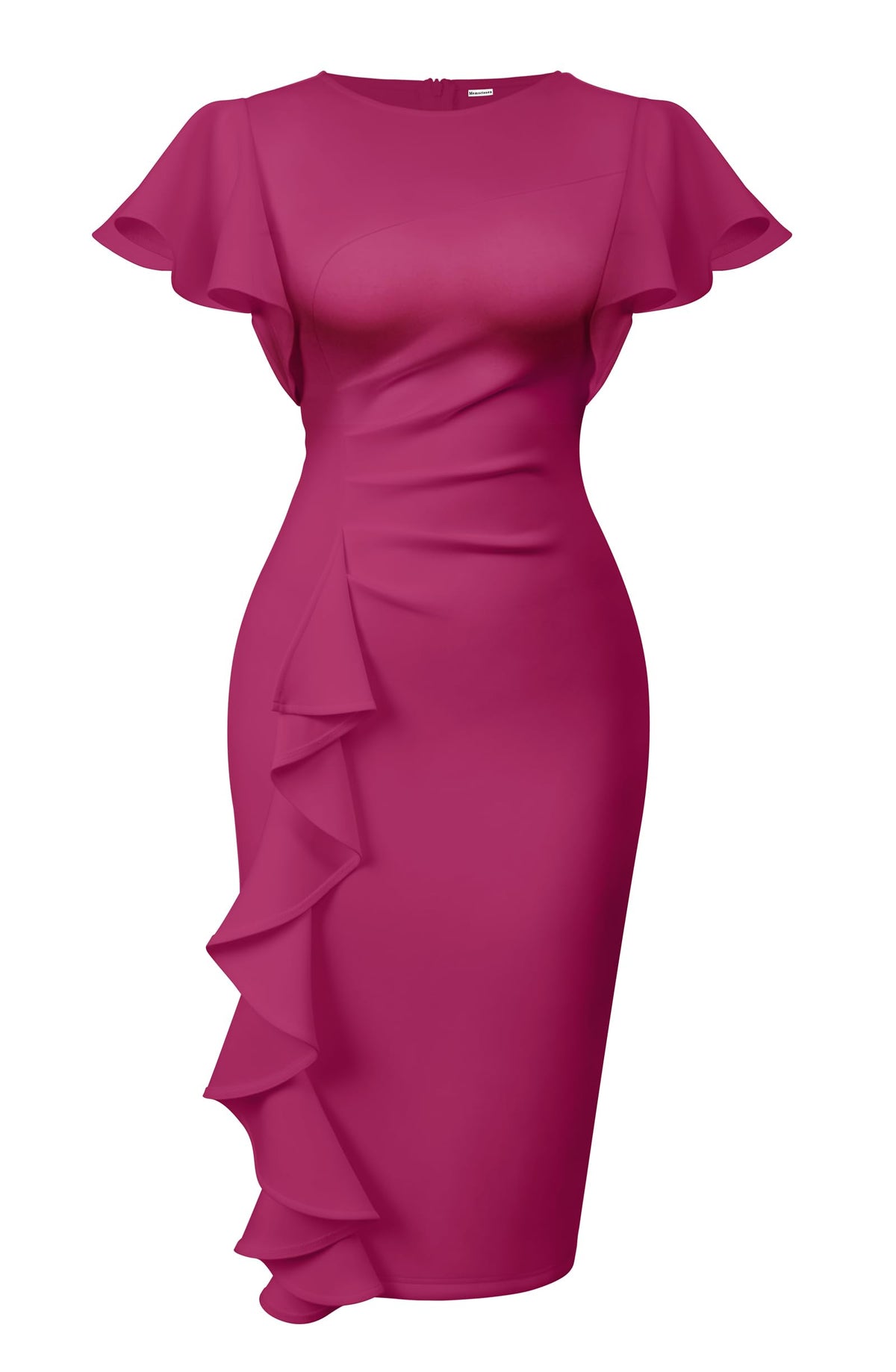 Ruffle Sleeve Ruched Pencil Dress with Cascading Side Ruffle