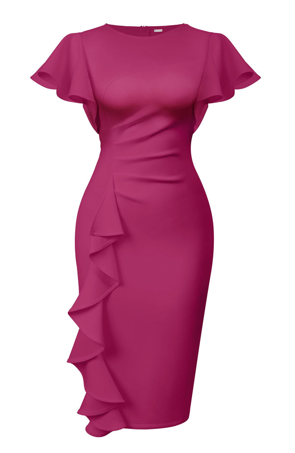 Ruffle Sleeve Ruched Pencil Dress with Cascading Side Ruffle