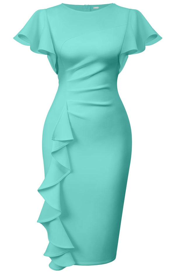 Ruffle Sleeve Ruched Pencil Dress with Cascading Side Ruffle