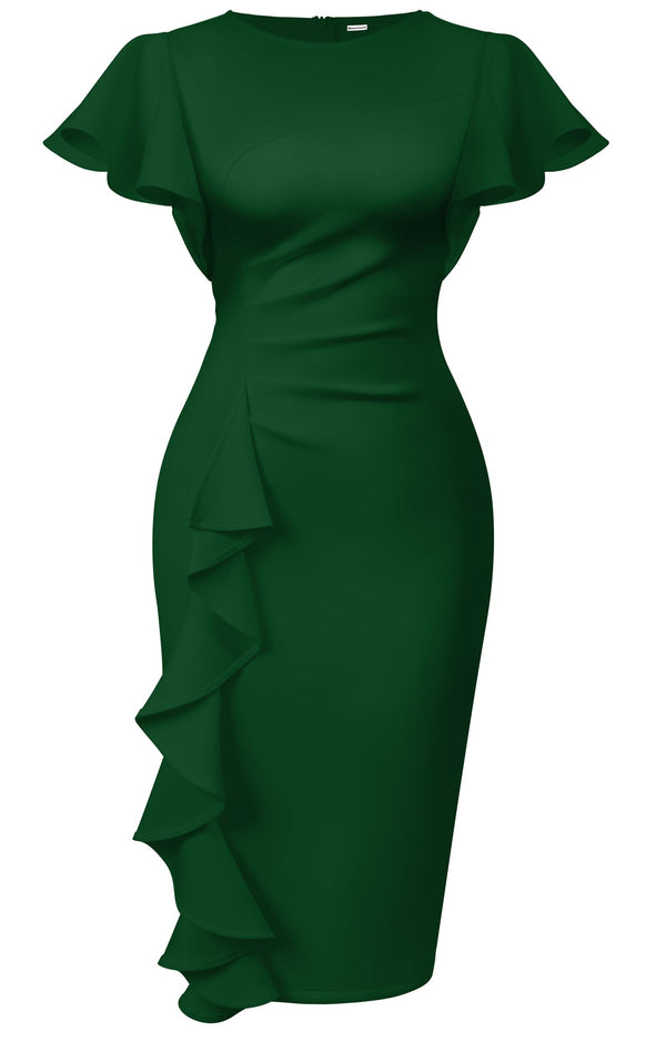 Ruffle Sleeve Ruched Pencil Dress with Cascading Side Ruffle
