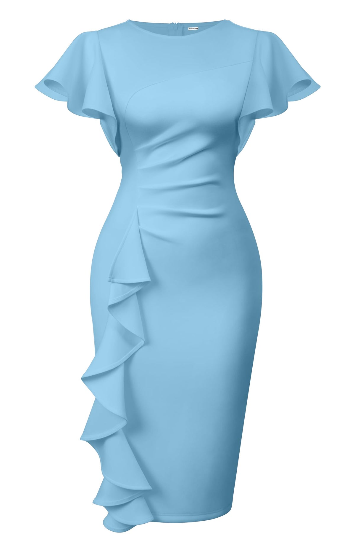 Ruffle Sleeve Ruched Pencil Dress with Cascading Side Ruffle