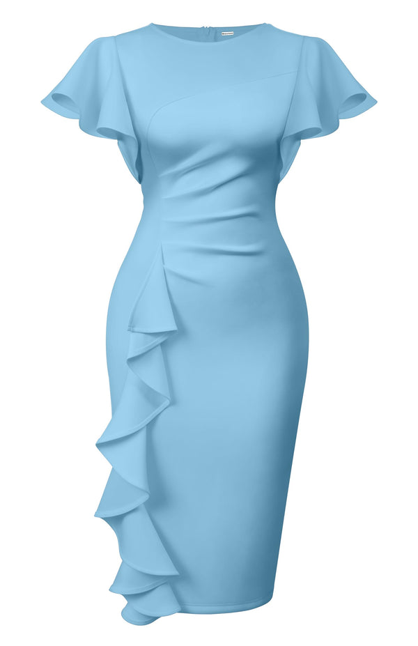 Ruffle Sleeve Ruched Pencil Dress with Cascading Side Ruffle