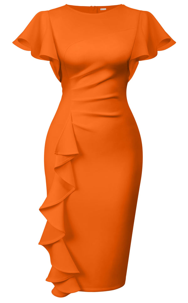 Ruffle Sleeve Ruched Pencil Dress with Cascading Side Ruffle