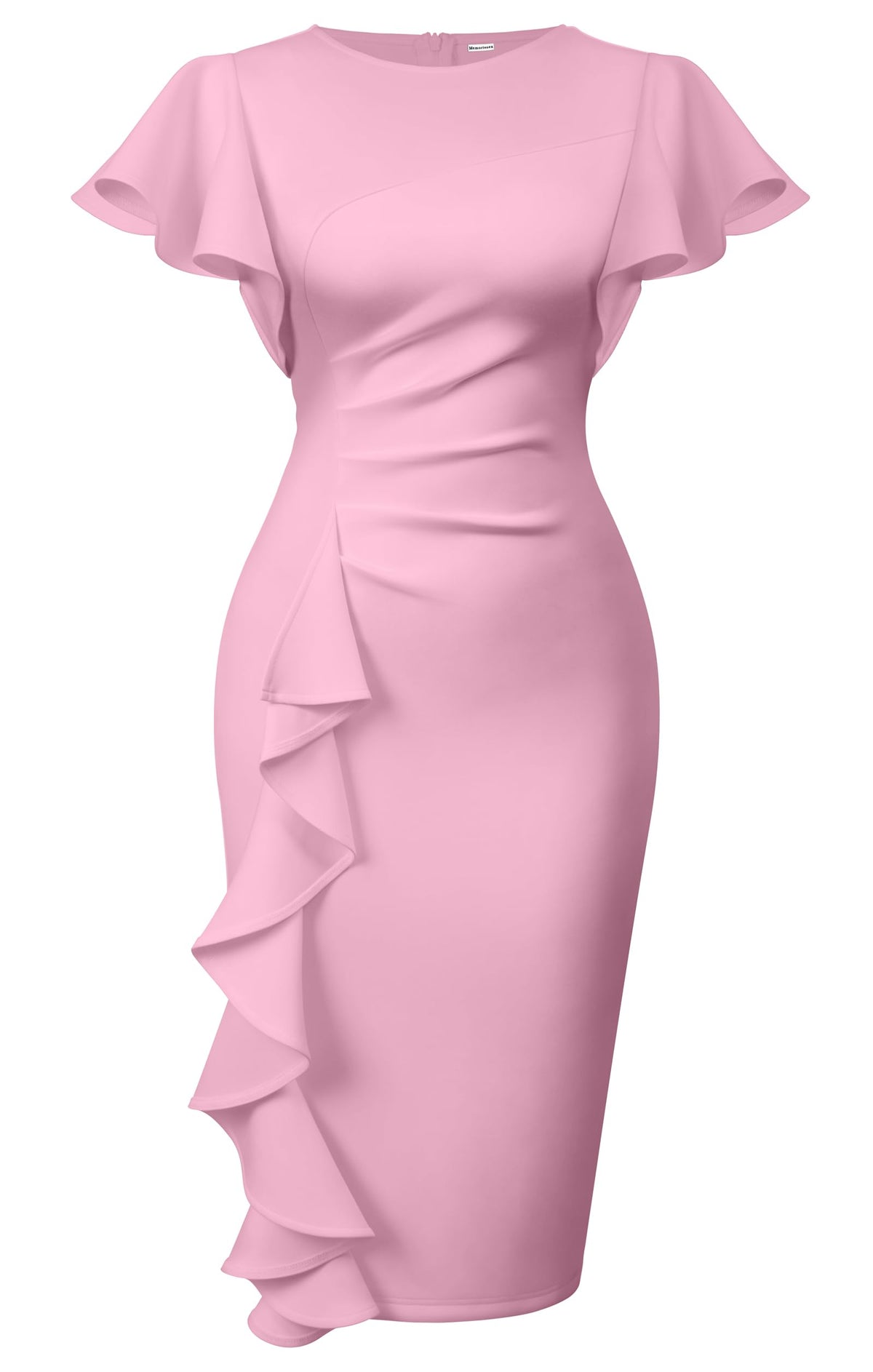 Ruffle Sleeve Ruched Pencil Dress with Cascading Side Ruffle