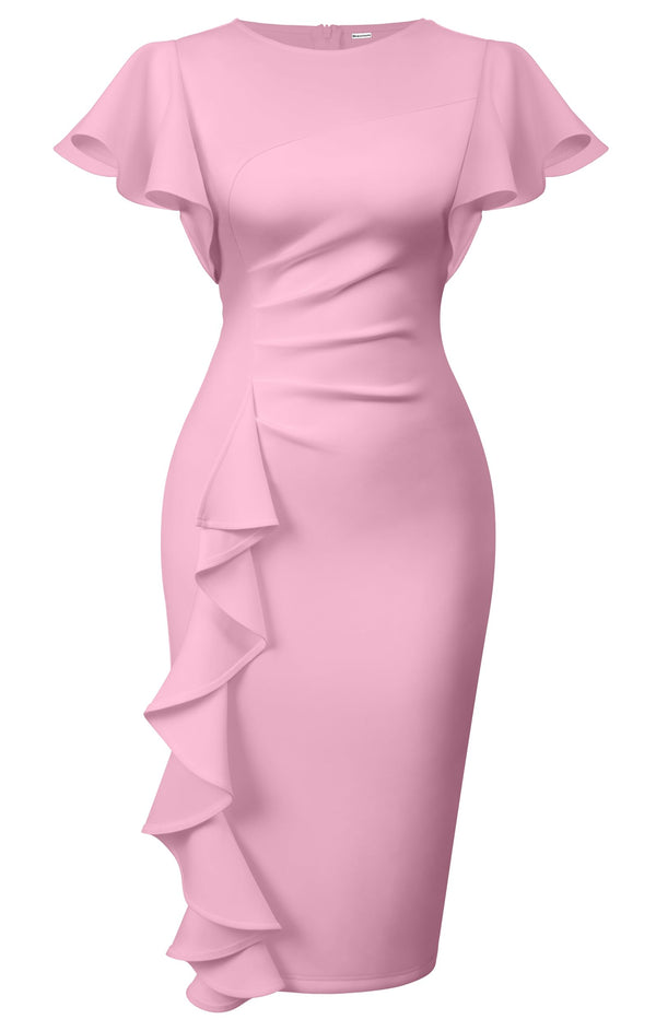 Ruffle Sleeve Ruched Pencil Dress with Cascading Side Ruffle