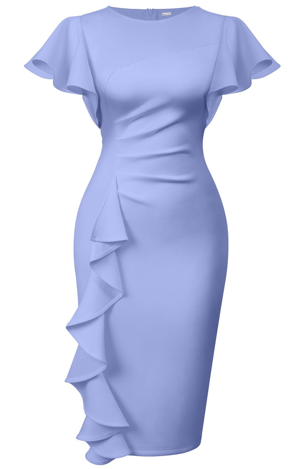 Ruffle Sleeve Ruched Pencil Dress with Cascading Side Ruffle