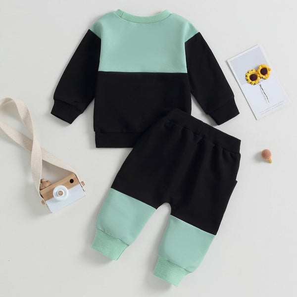 Toddler Color Block Sweatshirt and Jogger Set in Mint and Black