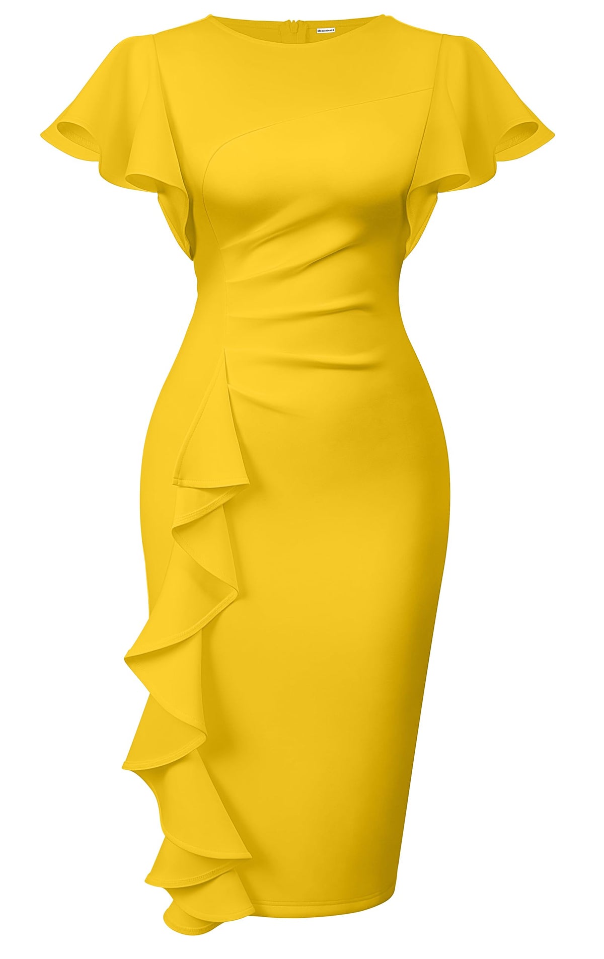 Ruffle Sleeve Ruched Pencil Dress with Cascading Side Ruffle