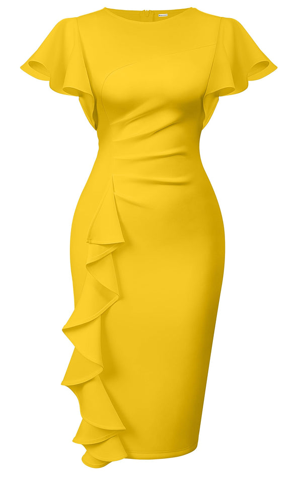 Ruffle Sleeve Ruched Pencil Dress with Cascading Side Ruffle