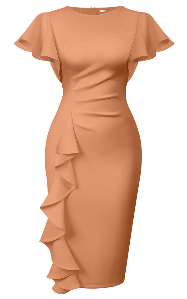 Ruffle Sleeve Ruched Pencil Dress with Cascading Side Ruffle