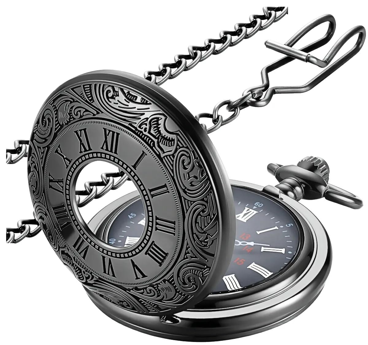 Vintage Pocket Watch — Roman Numeral Quartz with Chain
