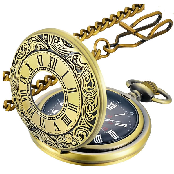Vintage Pocket Watch — Roman Numeral Quartz with Chain