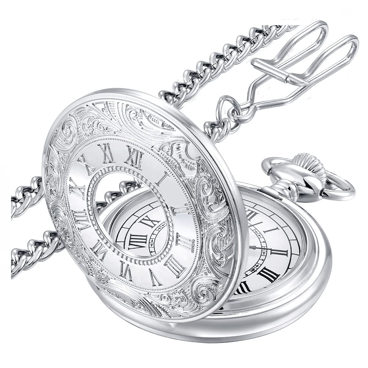 Vintage Pocket Watch — Roman Numeral Quartz with Chain