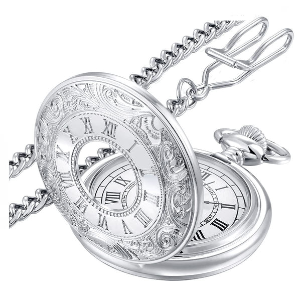 Vintage Pocket Watch — Roman Numeral Quartz with Chain