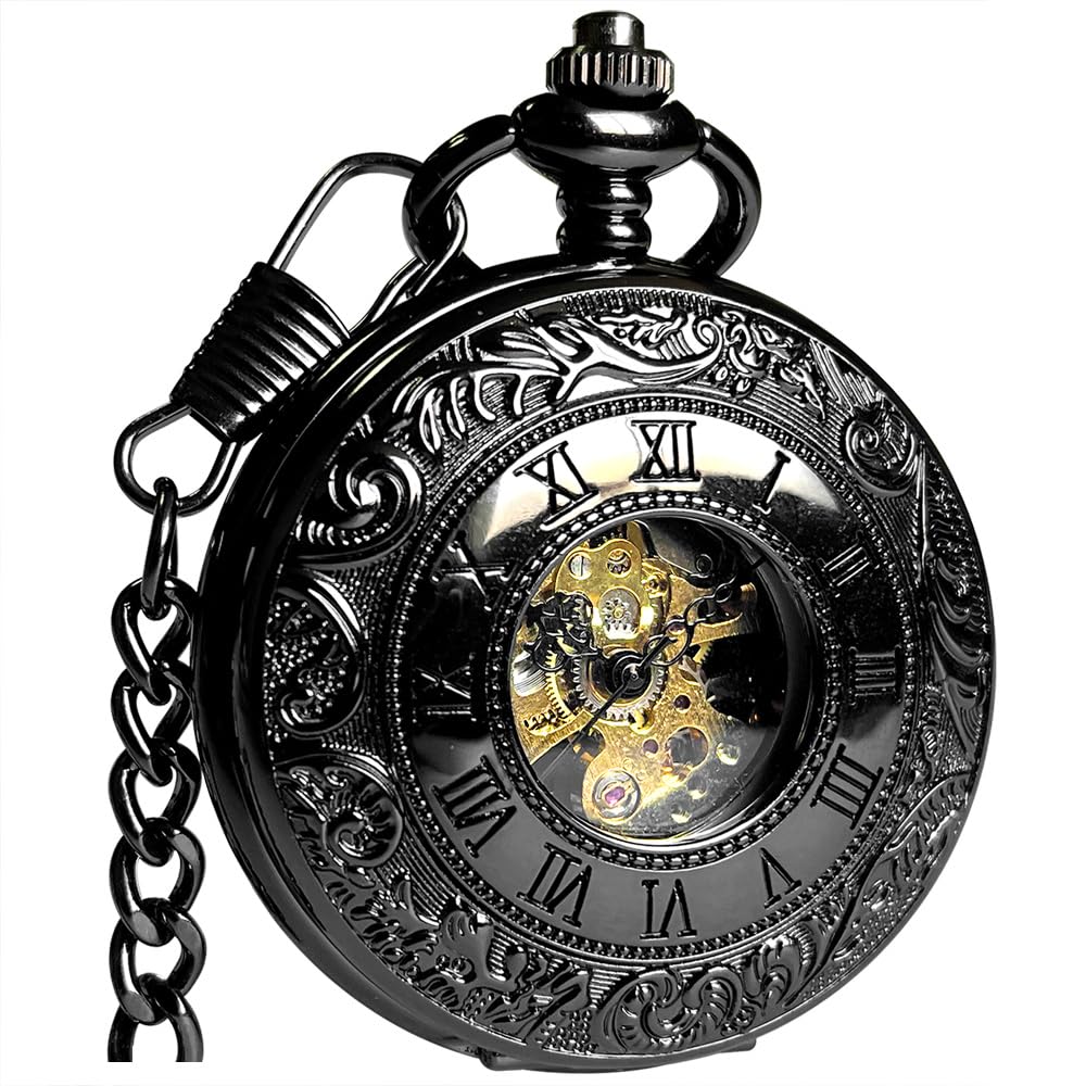 Mechanical Skeleton Pocket Watch with Chain for Men