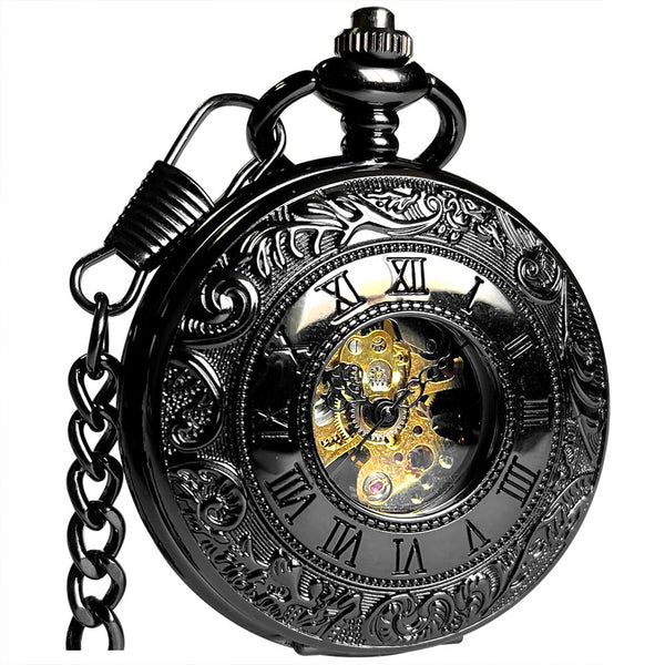Mechanical Skeleton Pocket Watch with Chain for Men