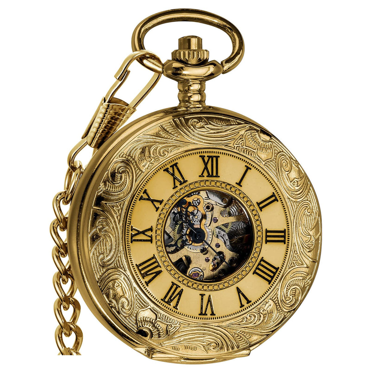 Mechanical Skeleton Pocket Watch with Chain for Men