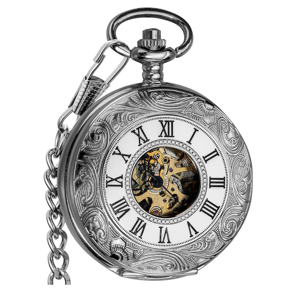 Mechanical Skeleton Pocket Watch with Chain for Men