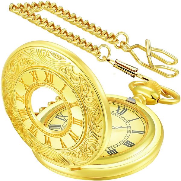 Vintage Pocket Watch — Roman Numeral Quartz with Chain