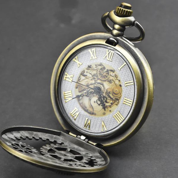 Steampunk Bronze Pocket Watch Necklace — Vintage Gear Cutout Quartz Clock Pendant with Chain