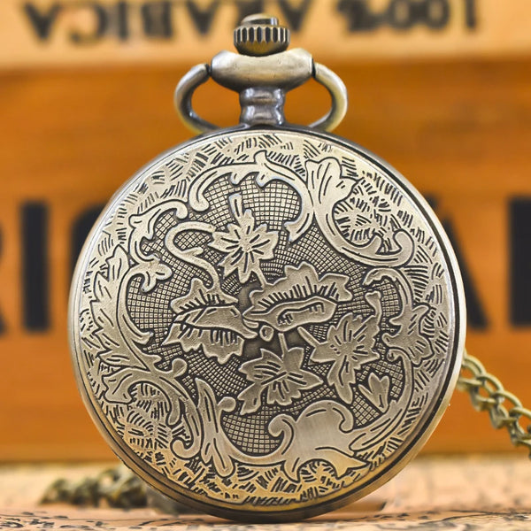 Steampunk Bronze Pocket Watch Necklace — Vintage Gear Cutout Quartz Clock Pendant with Chain