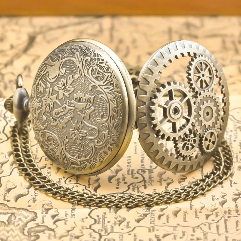 Steampunk Bronze Pocket Watch Necklace — Vintage Gear Cutout Quartz Clock Pendant with Chain