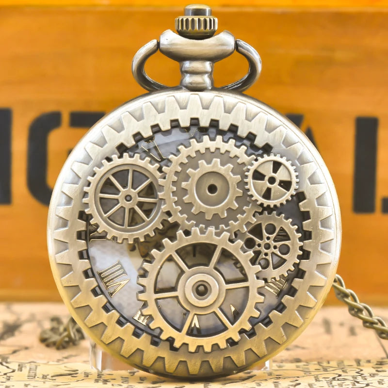 Steampunk Bronze Pocket Watch Necklace — Vintage Gear Cutout Quartz Clock Pendant with Chain Main image