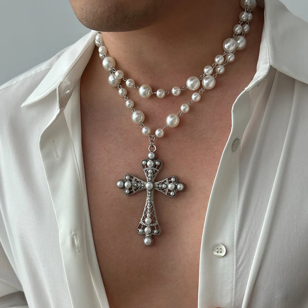 Elegant Imitation Pearl Goth Cross Choker