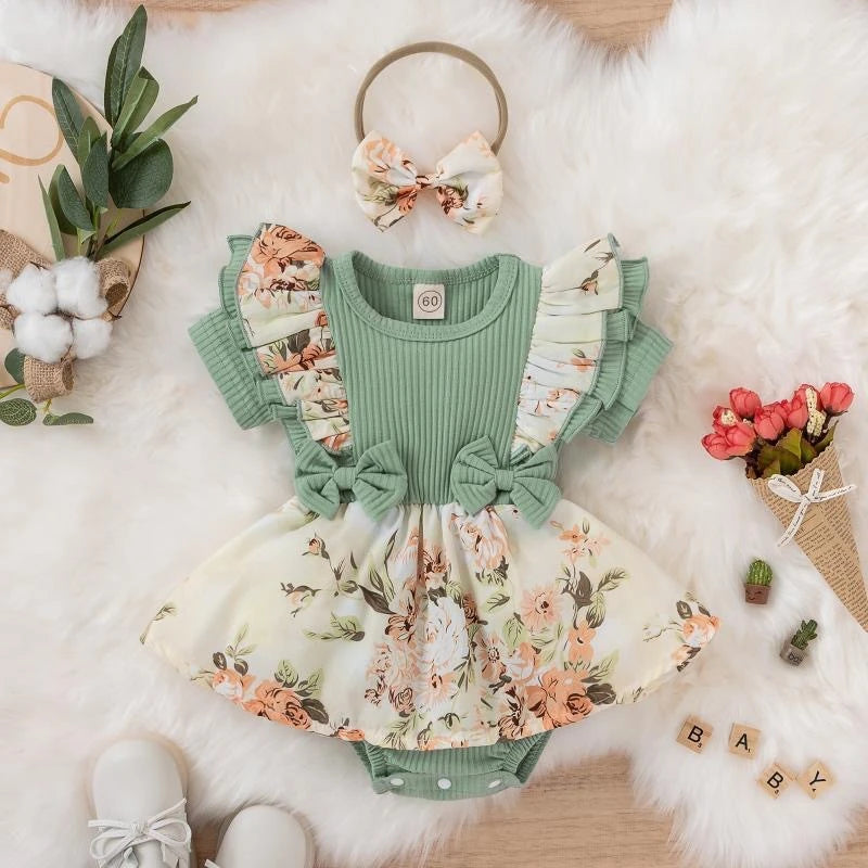 Baby Girl Summer Dress With Waist Bows and Headband