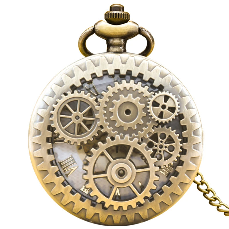 Steampunk Bronze Pocket Watch Necklace — Vintage Gear Cutout Quartz Clock Pendant with Chain