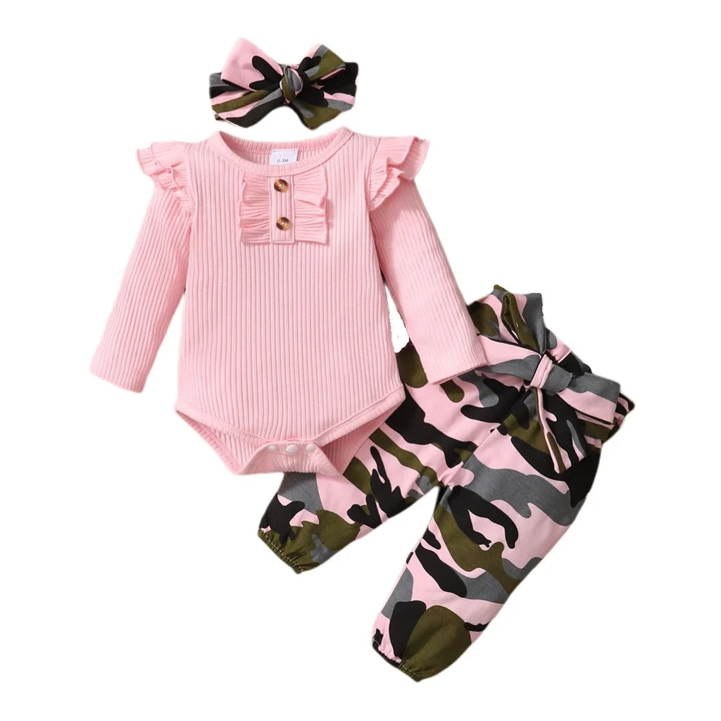 Long Sleeve Baby Girls Bodysuit with Camouflage Pants