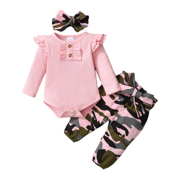 Long Sleeve Baby Girls Bodysuit with Camouflage Pants
